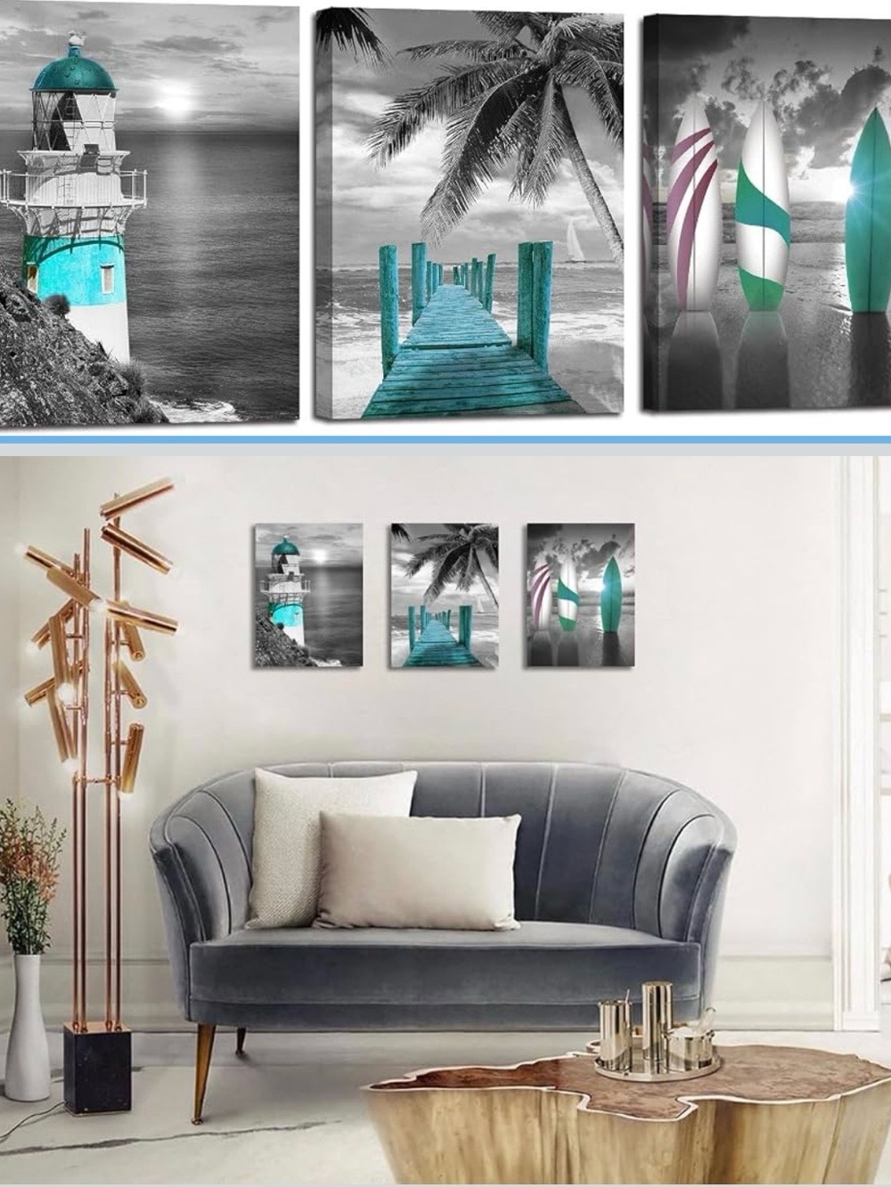 Coastal Turquoise Triptych Wall Art Set by